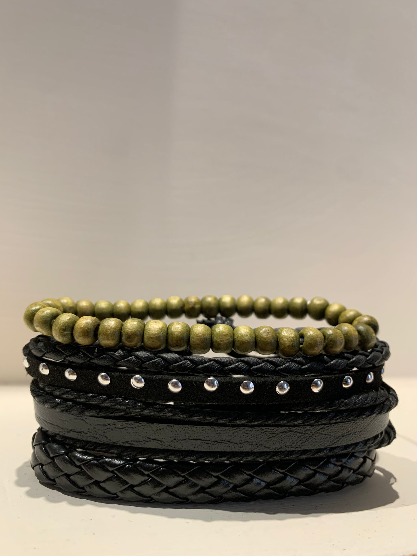 Urban Edge Bracelet Set – Black Beads,Camo Cord & Studded Leather