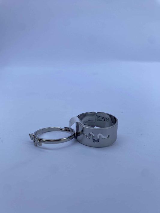 5 Silver Couple Ring Set – Matching Engraved Bands with Modern Symbol Designs