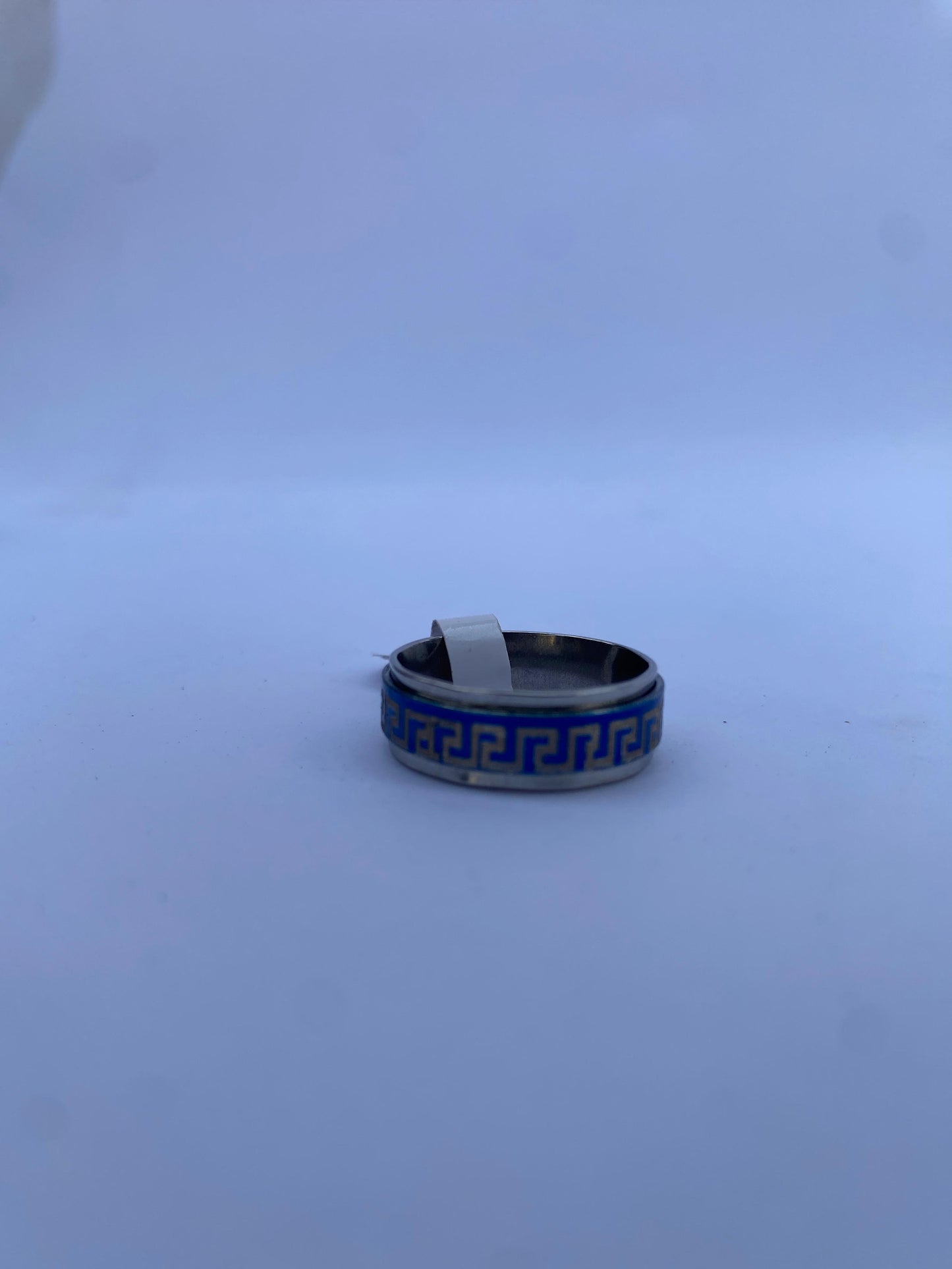 Stainless Steel Ring with Blue Greek Key Design