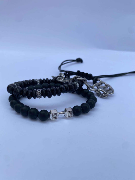 Fitness-Inspired Beaded Bracelet Set – Black Onyx with Dumbel.