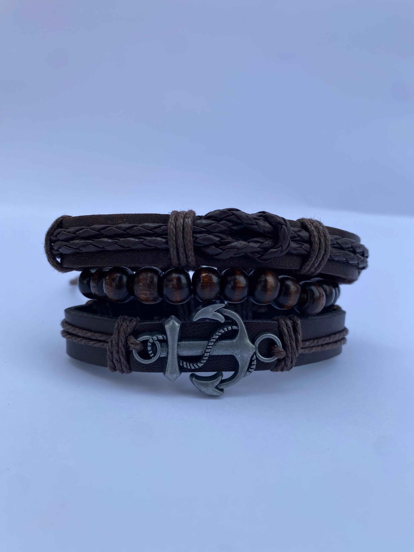 Anchor Bracelet Set – Leather & Beaded Nautical Stack (Black or Brown)