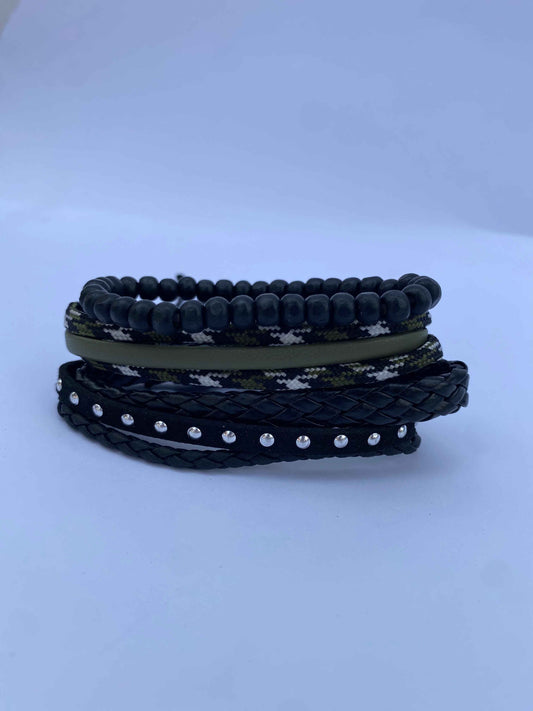 Urban Edge Bracelet Set – Black Beads, Camo Cord & Studded Leather for Men