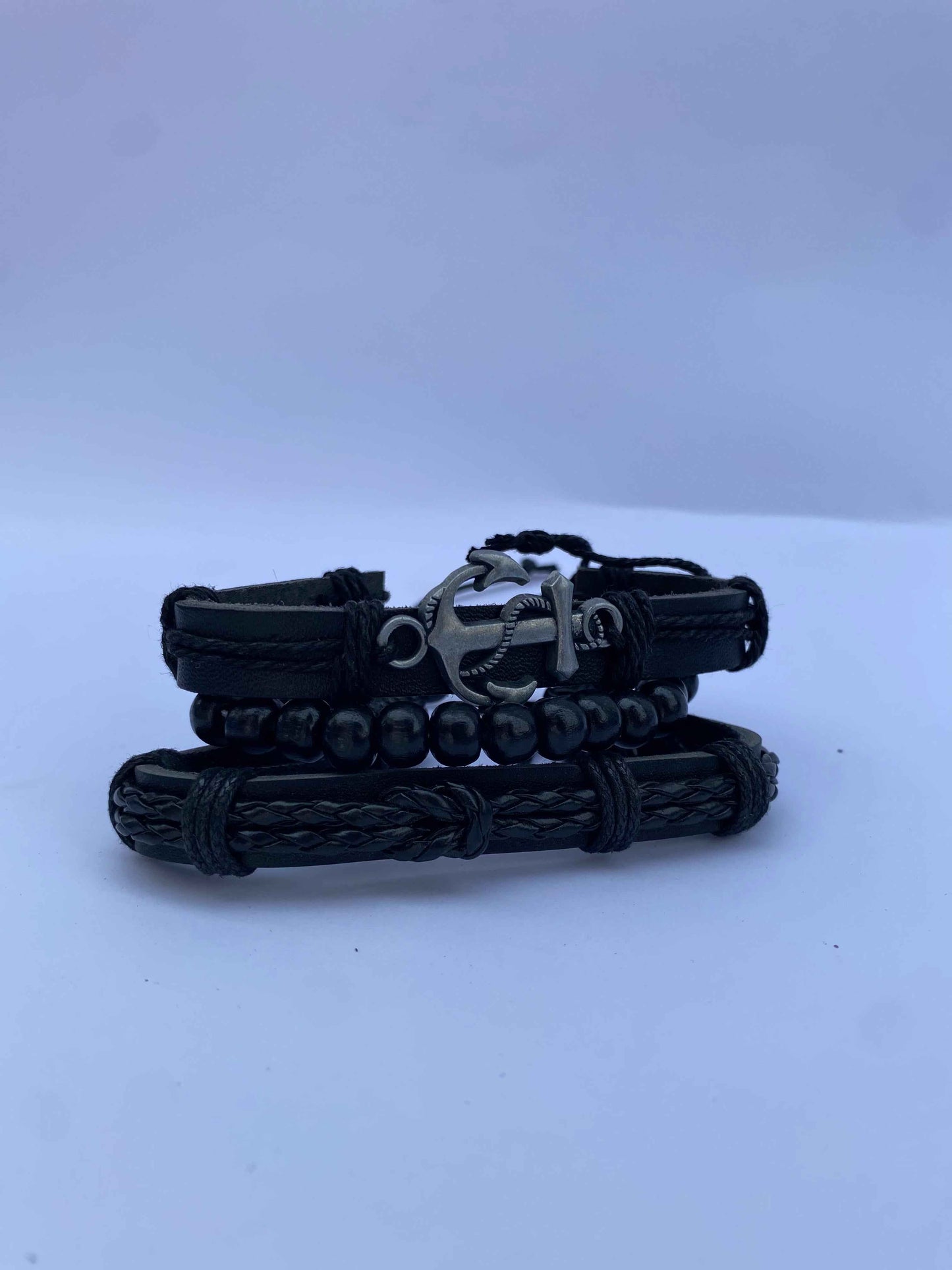 Anchor Bracelet Set – Leather & Beaded Nautical Stack (Black or Brown)