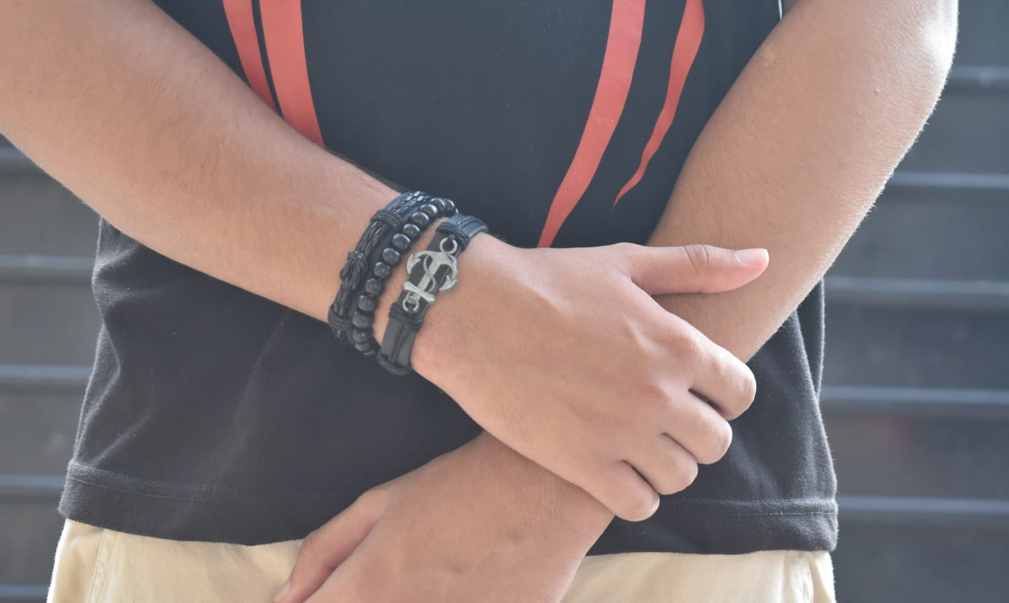 Anchor Bracelet Set – Leather & Beaded Nautical Stack (Black or Brown)