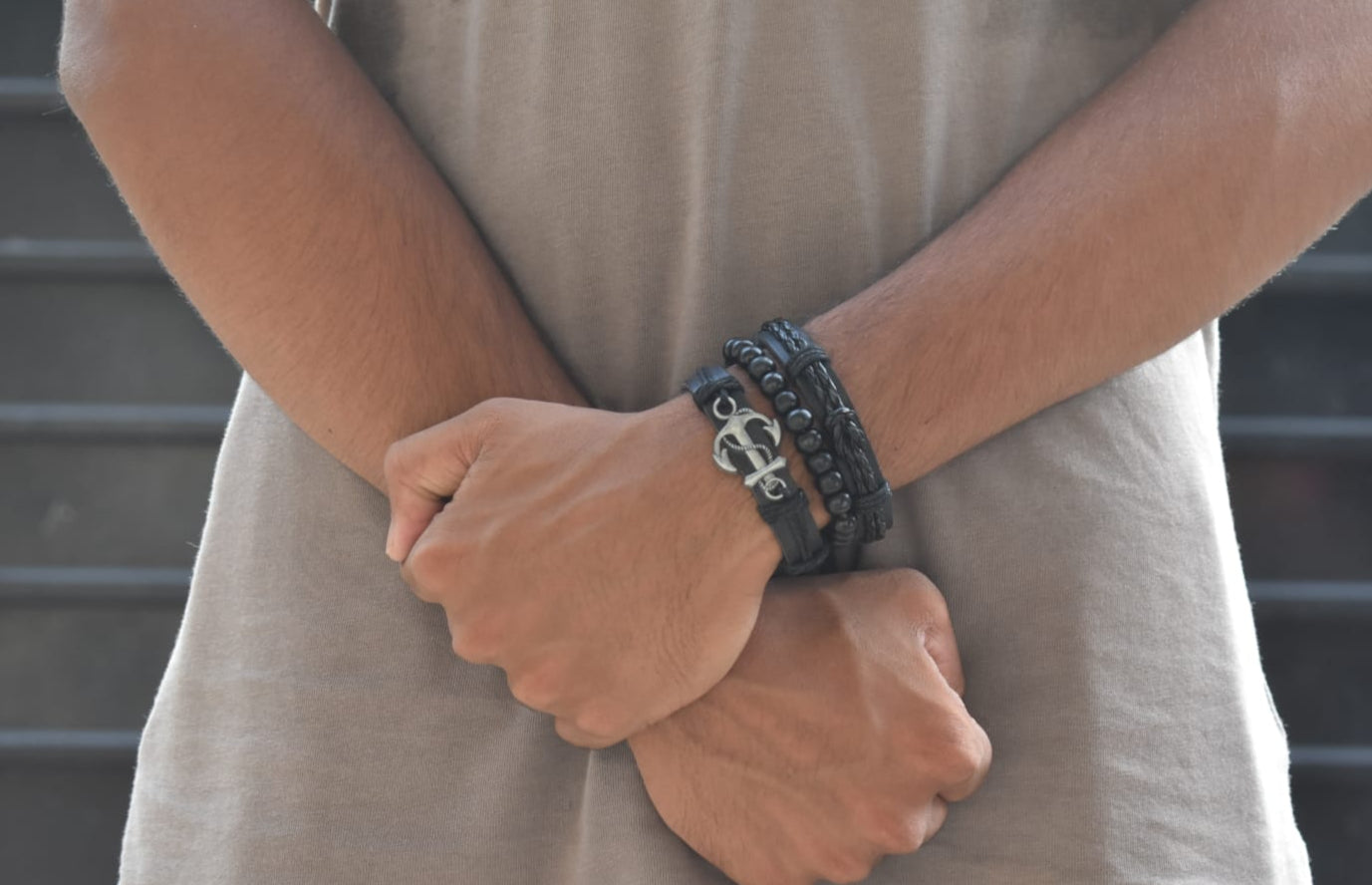 Anchor Bracelet Set – Leather & Beaded Nautical Stack (Black or Brown)