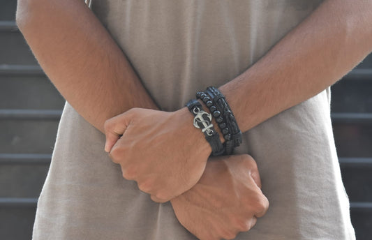 Anchor Bracelet Set – Leather & Beaded Nautical Stack (Black or Brown)