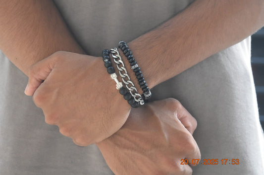 Fitness-Inspired Beaded Bracelet Set – Black Onyx with Dumbel.