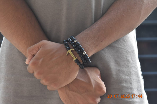 Viking Anchor Charm Black Bead Bracelet | Natural Stone Bracelet