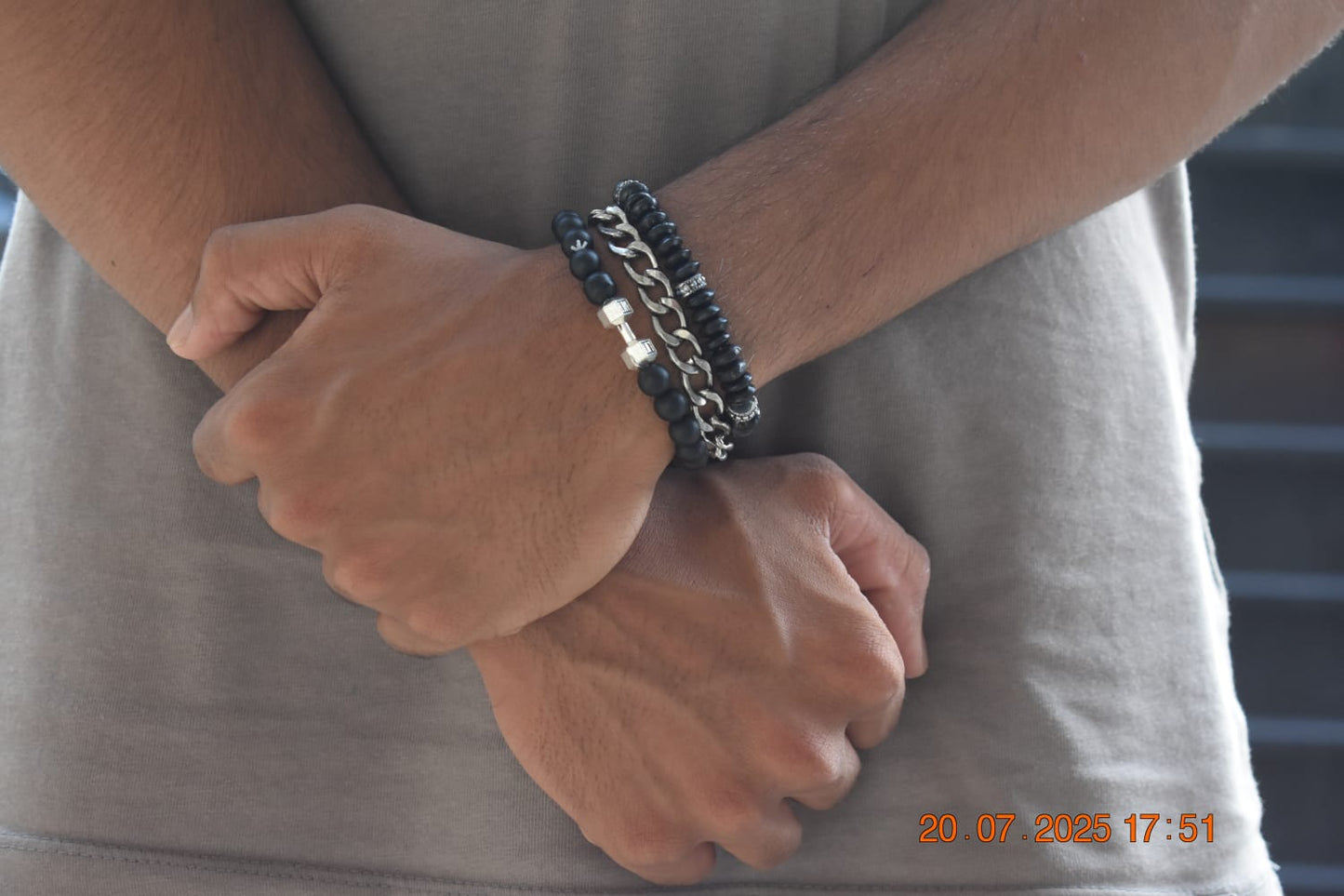 Fitness-Inspired Beaded Bracelet Set – Black Onyx with Dumbel.