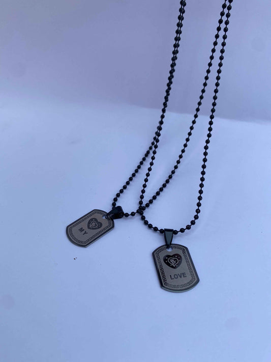 "My Love" Couple Tag Necklaces | Black Chain Matching Set