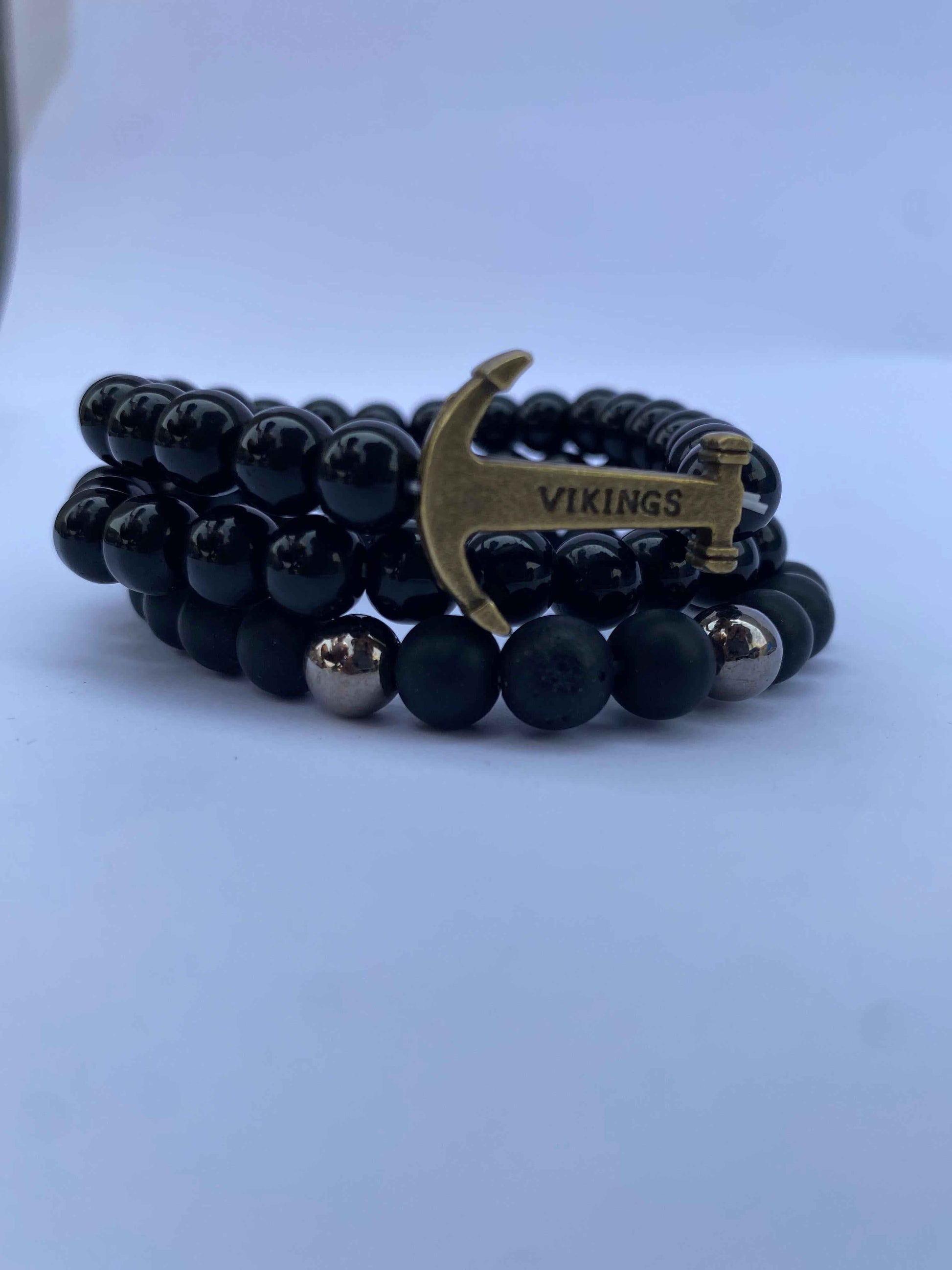 Viking Anchor Charm Black Bead Bracelet | Natural Stone Bracelet