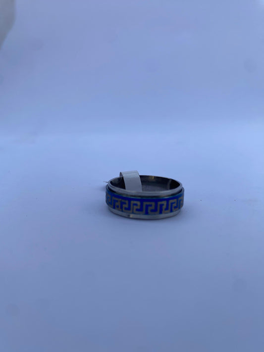 Stainless Steel Ring with Blue Greek Key Design